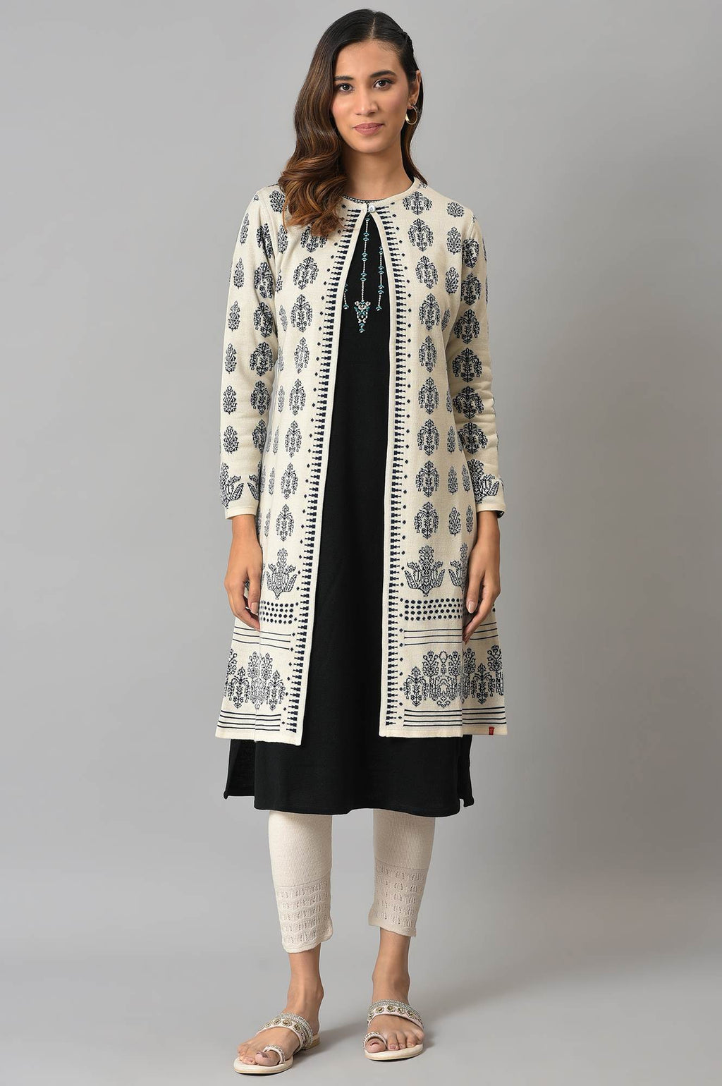 W for Woman Ecru Floral Printed Reversible Cardigan | Grocsy
