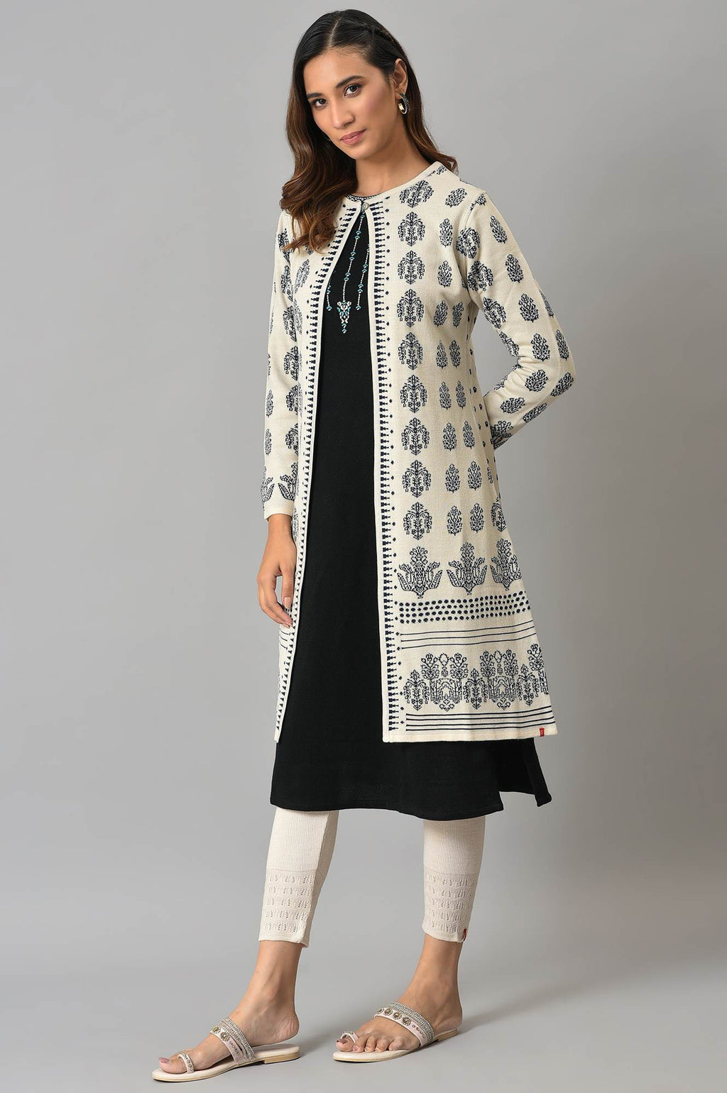 W for Woman Ecru Floral Printed Reversible Cardigan | Grocsy