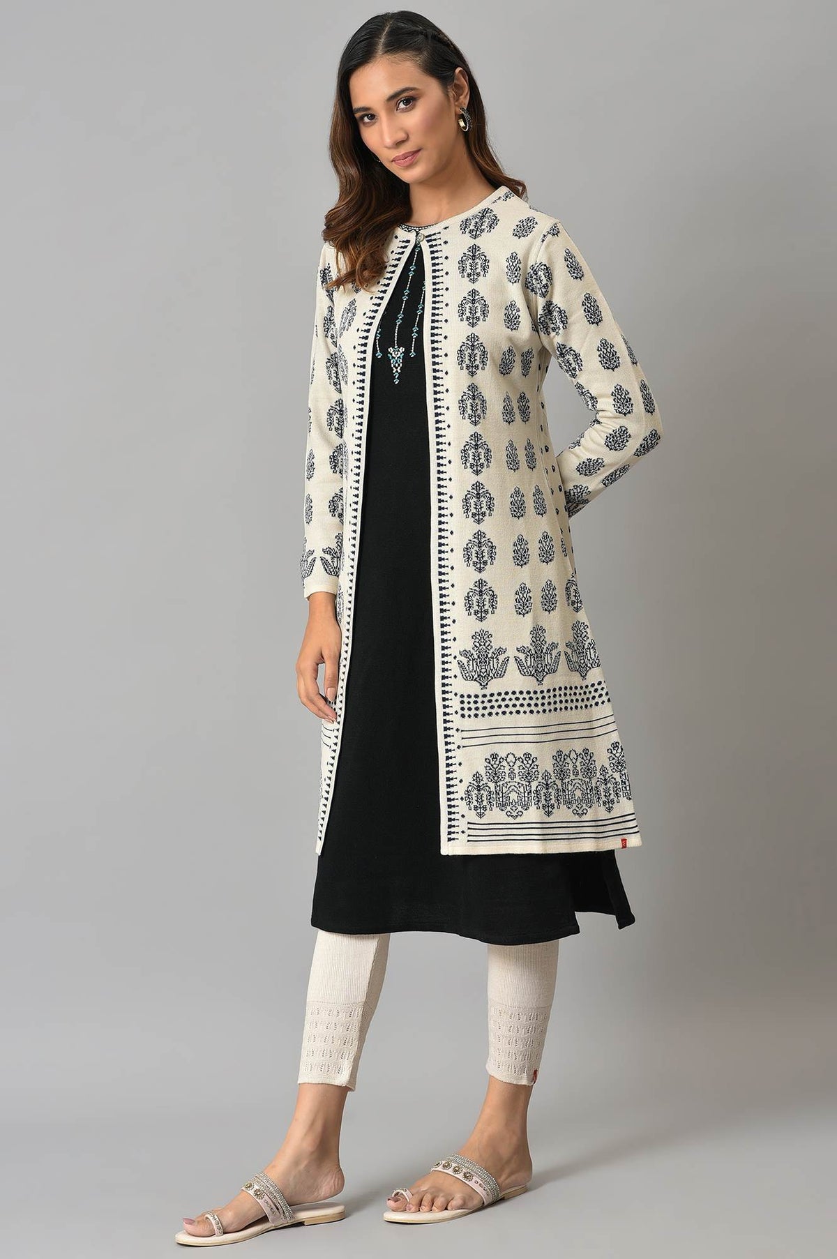 W for Woman Ecru Floral Printed Reversible Cardigan | Grocsy