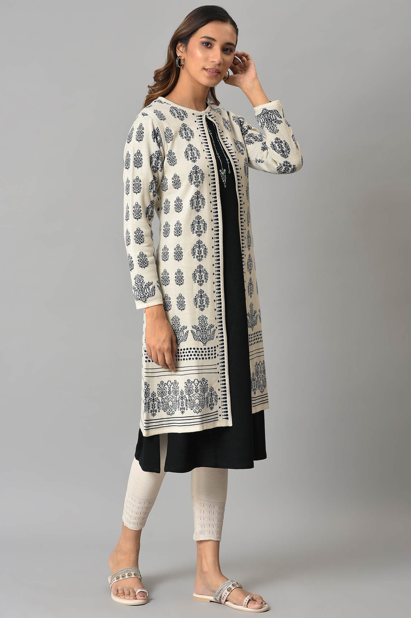W for Woman Ecru Floral Printed Reversible Cardigan | Grocsy