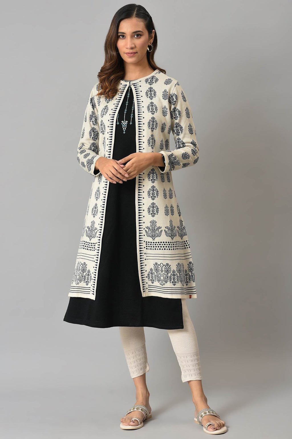 W for Woman Ecru Floral Printed Reversible Cardigan | Grocsy
