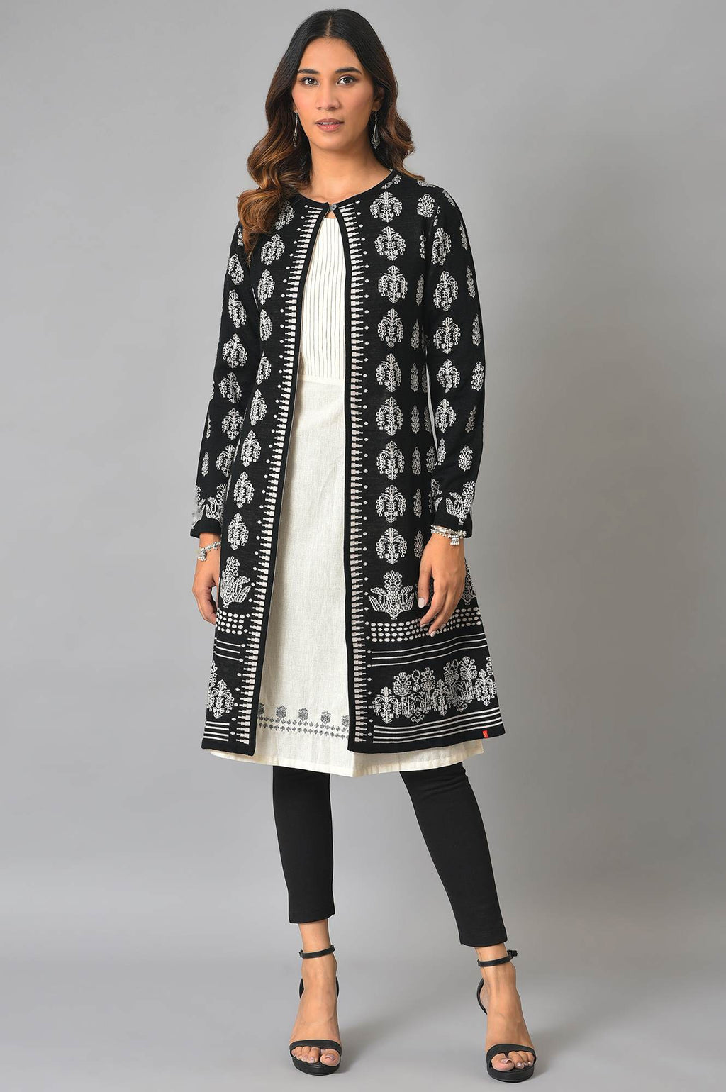 W for Woman Black And Light Purple Floral Printed Reversible Cardigan | Grocsy