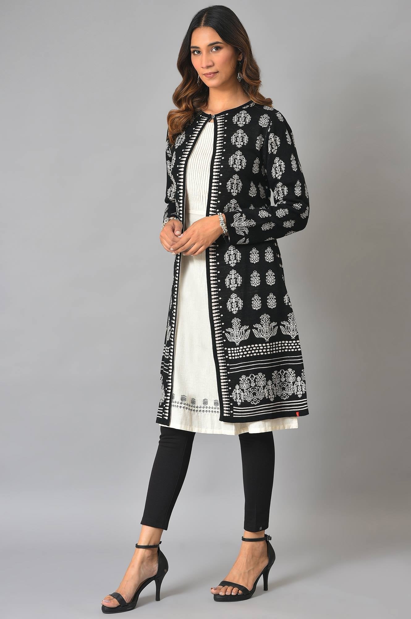 W for Woman Black And Light Purple Floral Printed Reversible Cardigan | Grocsy