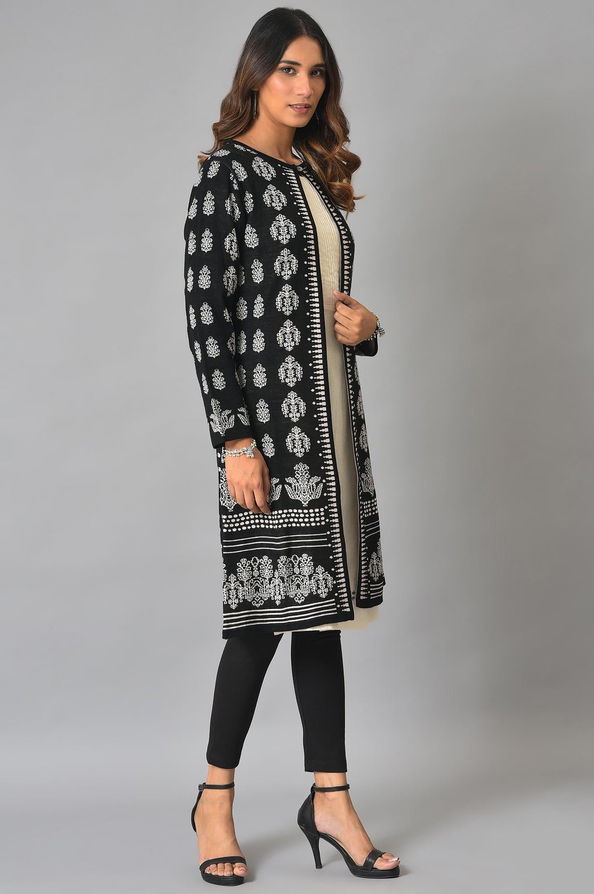 W for Woman Black And Light Purple Floral Printed Reversible Cardigan | Grocsy