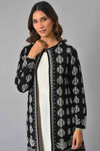 W for Woman Black And Light Purple Floral Printed Reversible Cardigan | Grocsy
