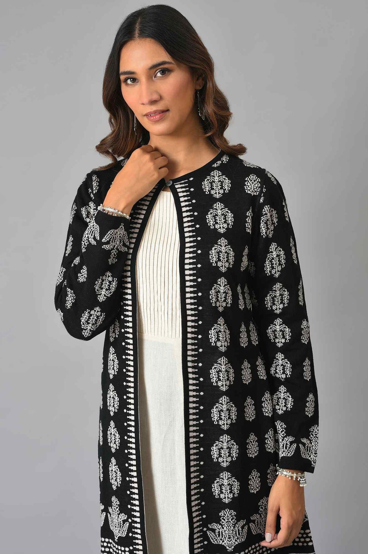 W for Woman Black And Light Purple Floral Printed Reversible Cardigan | Grocsy
