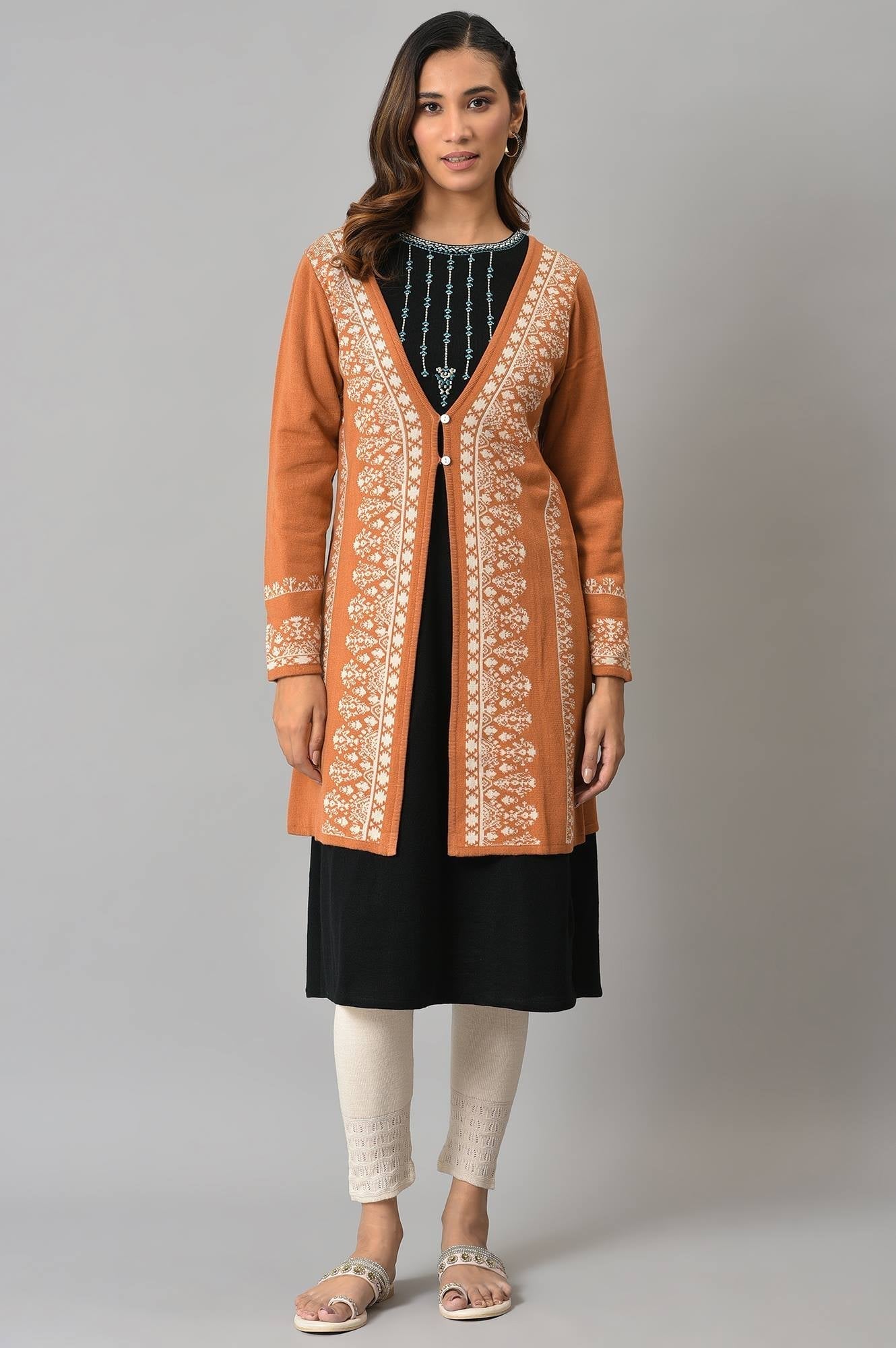 W for Woman Orange Geometric Printed Reversible Cardigan | Grocsy