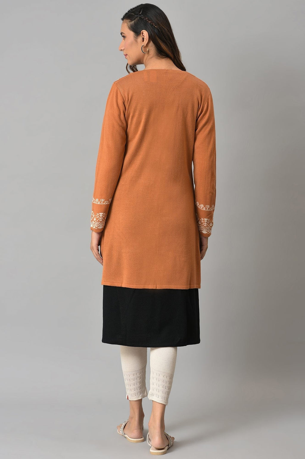 W for Woman Orange Geometric Printed Reversible Cardigan | Grocsy