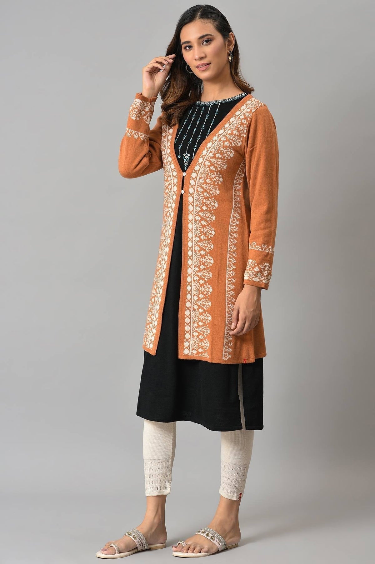 W for Woman Orange Geometric Printed Reversible Cardigan | Grocsy