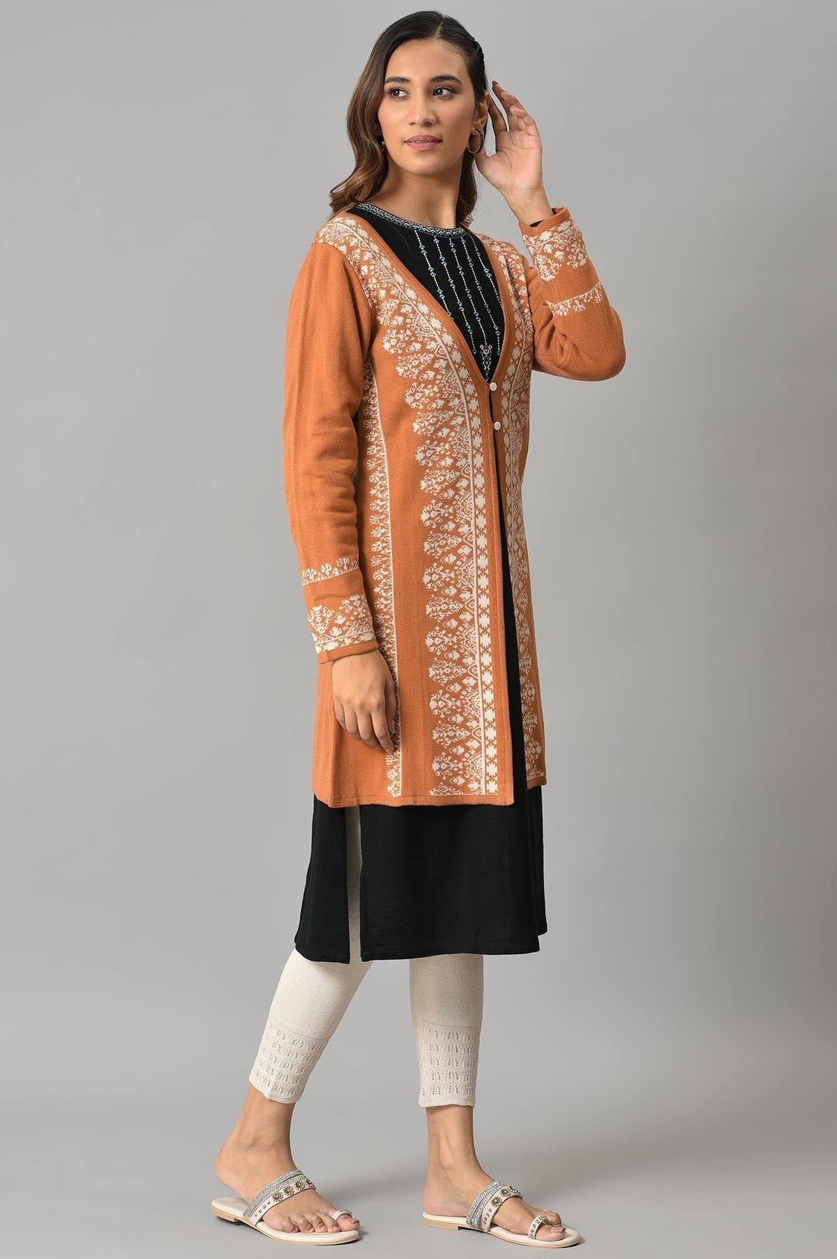 W for Woman Orange Geometric Printed Reversible Cardigan | Grocsy
