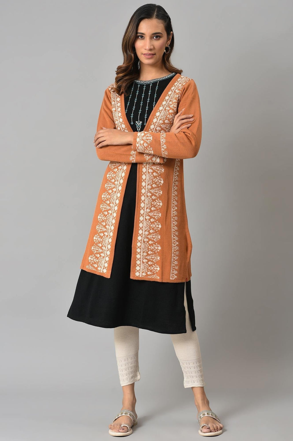 W for Woman Orange Geometric Printed Reversible Cardigan | Grocsy