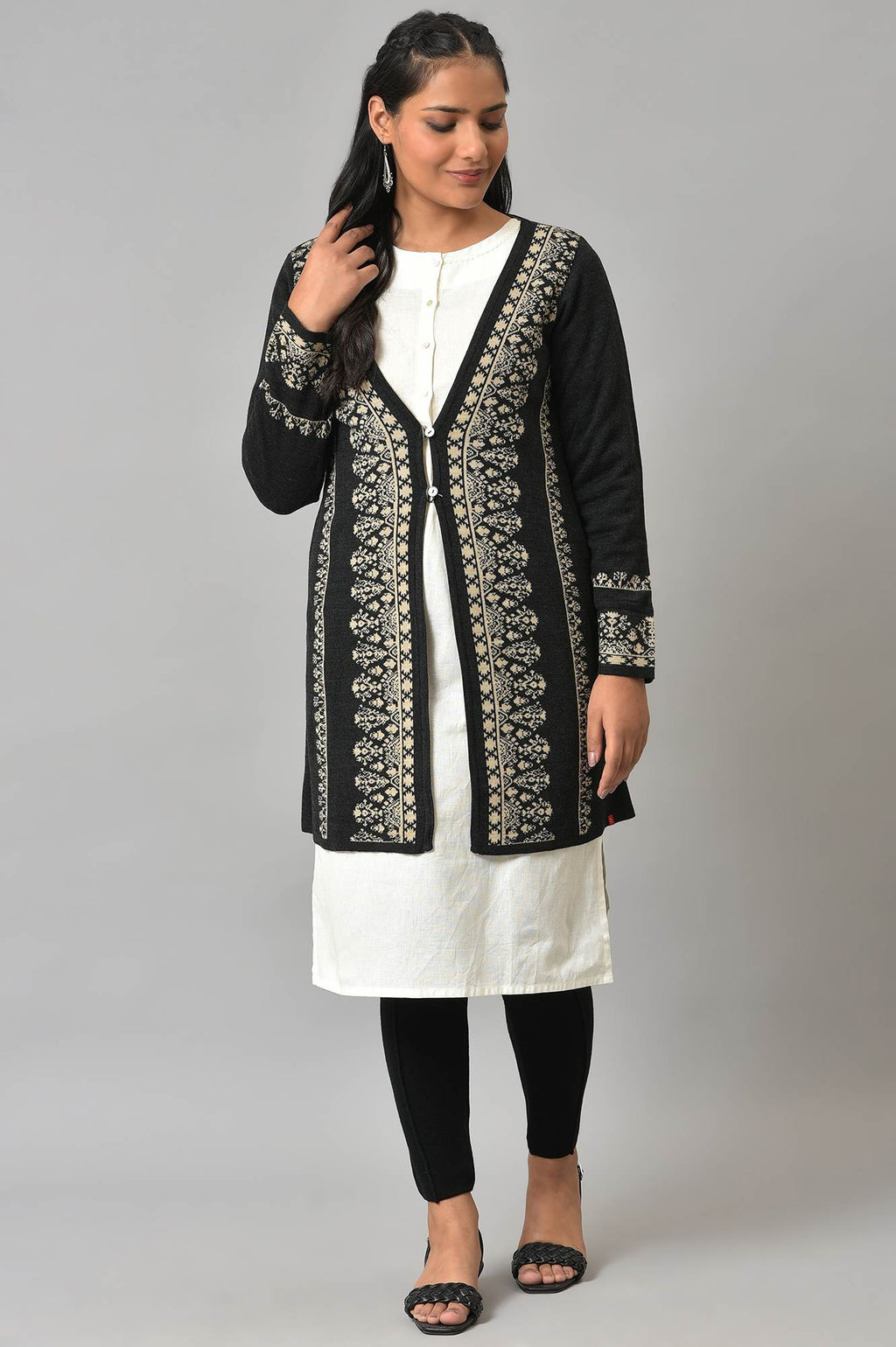 W for Woman Black Reversible Jacquard Women Cardigan | Grocsy