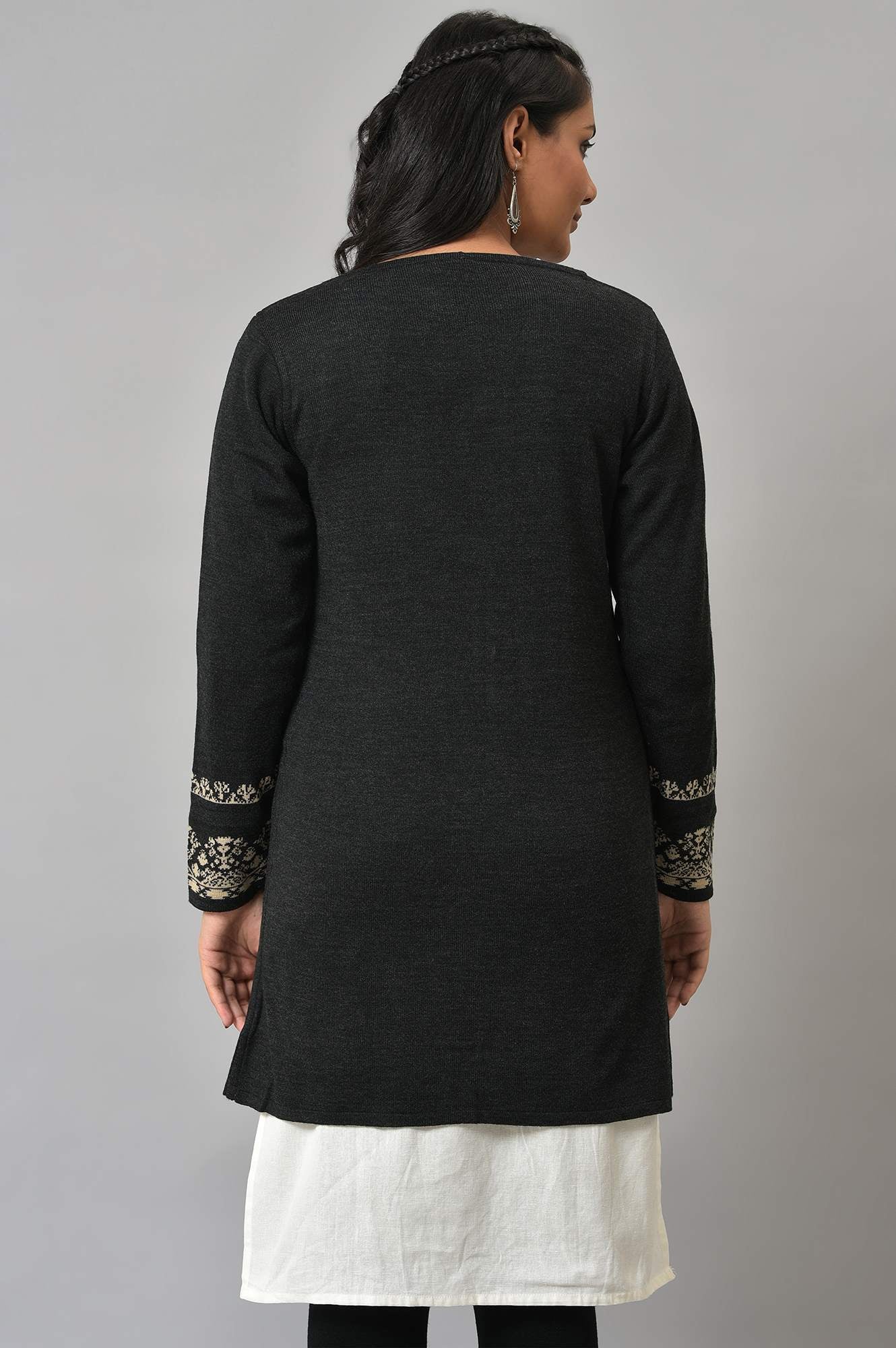 W for Woman Black Reversible Jacquard Women Cardigan | Grocsy
