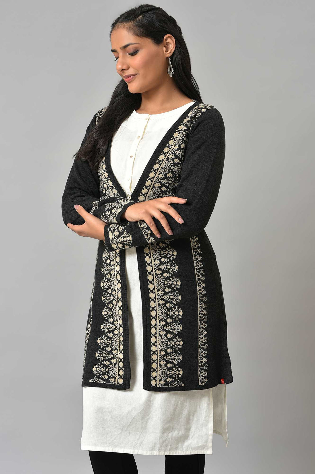 W for Woman Black Reversible Jacquard Women Cardigan | Grocsy