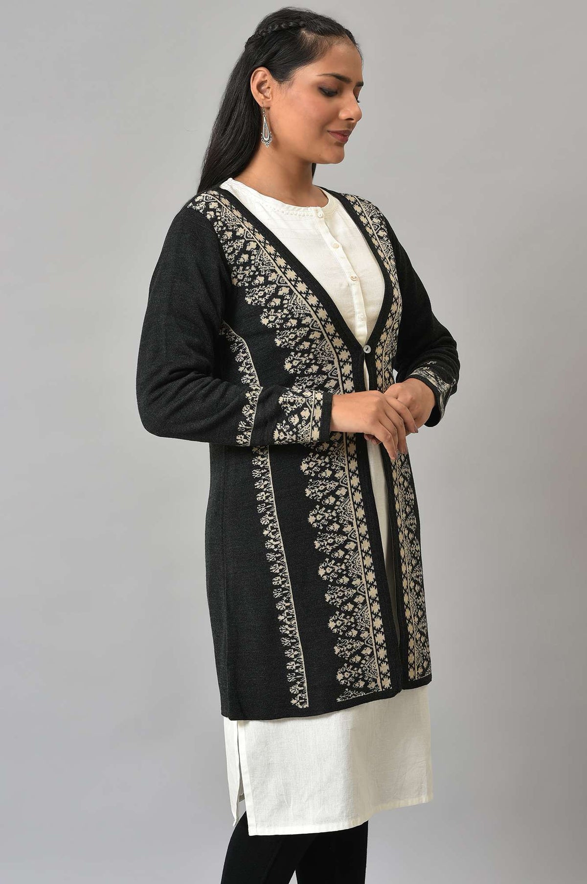 W for Woman Black Reversible Jacquard Women Cardigan | Grocsy
