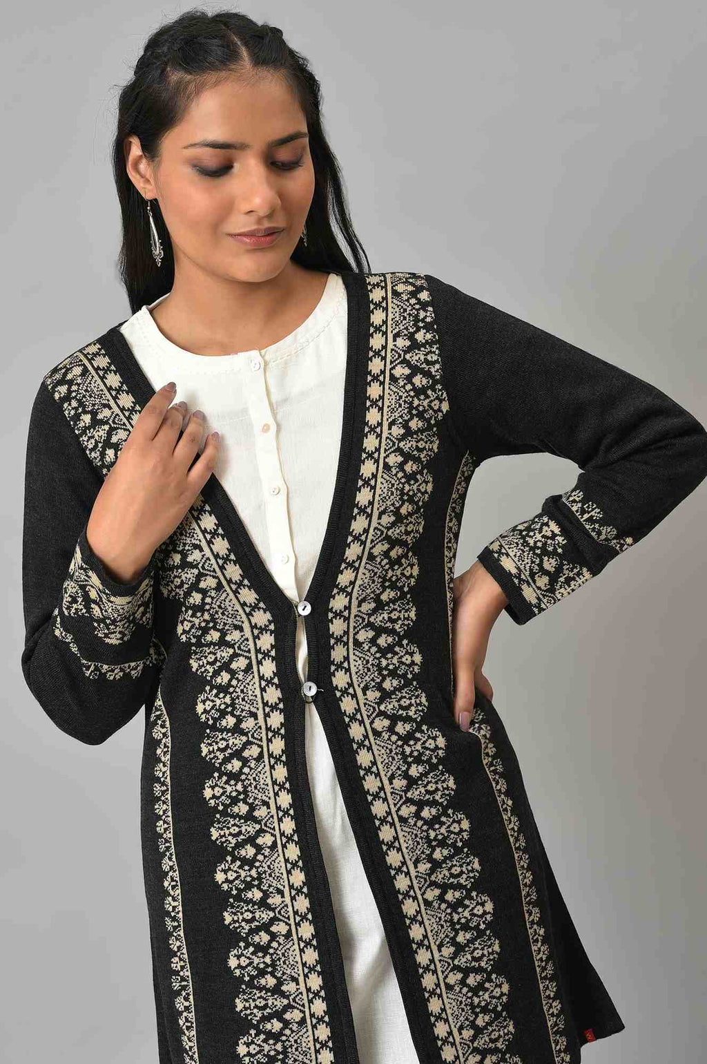 W for Woman Black Reversible Jacquard Women Cardigan | Grocsy