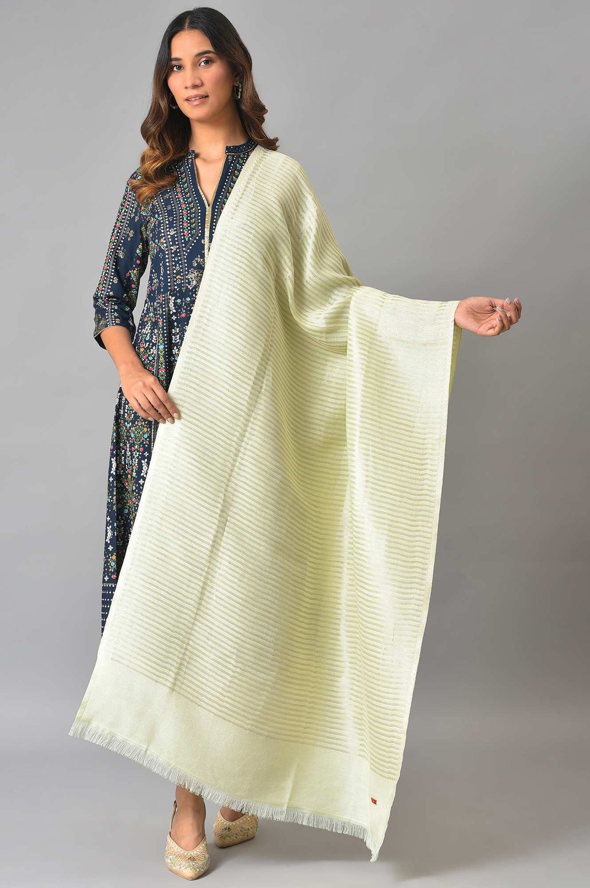 W for Woman Light Green Stripe Lurex Shawl | Grocsy