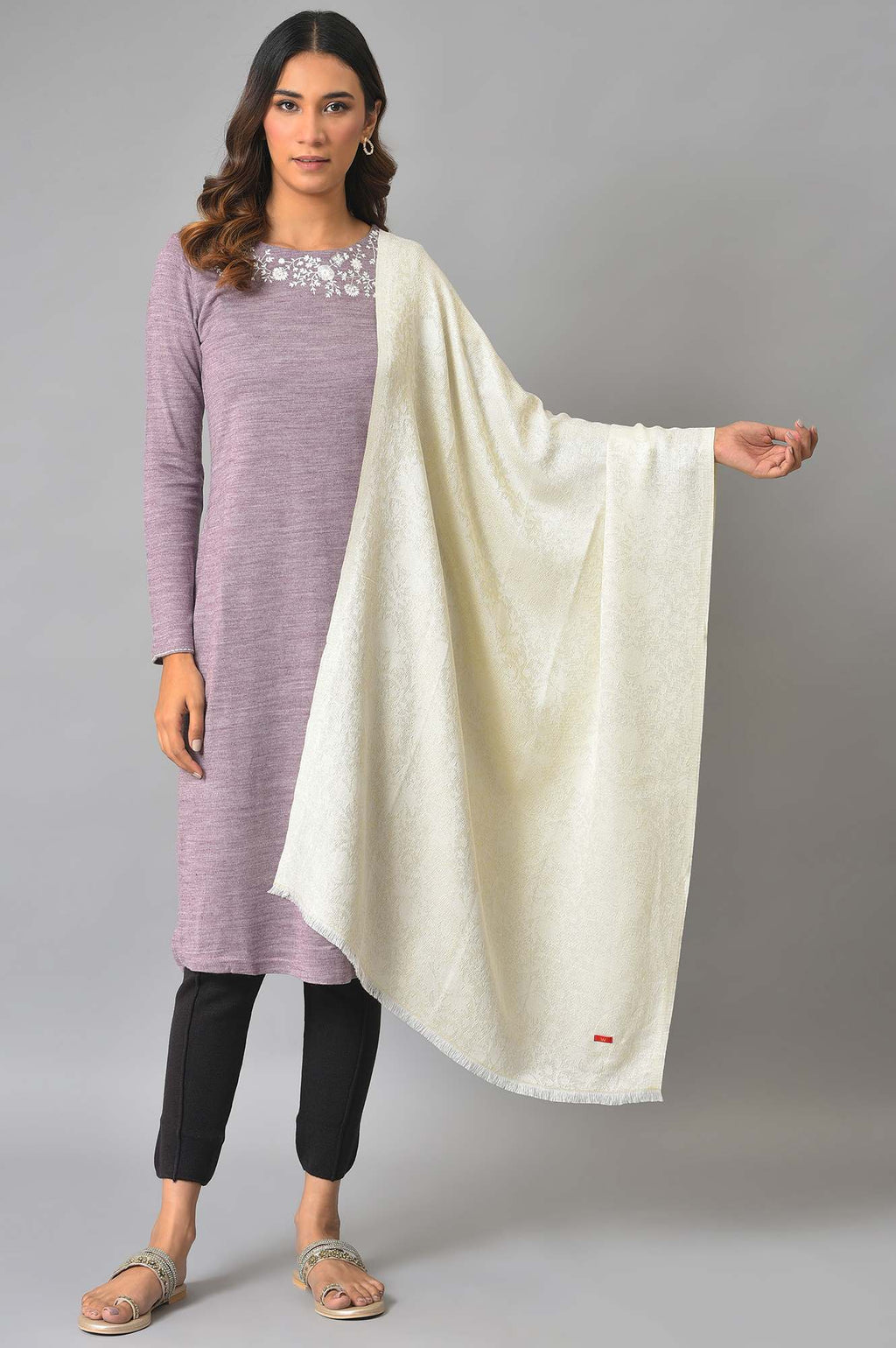 W for Woman Ecru Jacquard Winter Shawl | Grocsy