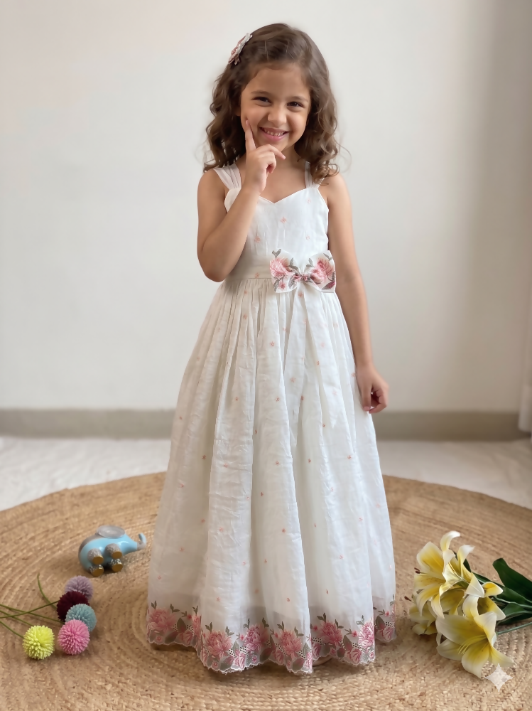 Teeya Creation New Latest Girls Sage Green Crinkled Silk Festive Gown with Handcrafted Bow and Lotus Cutwork Border | Grocsy