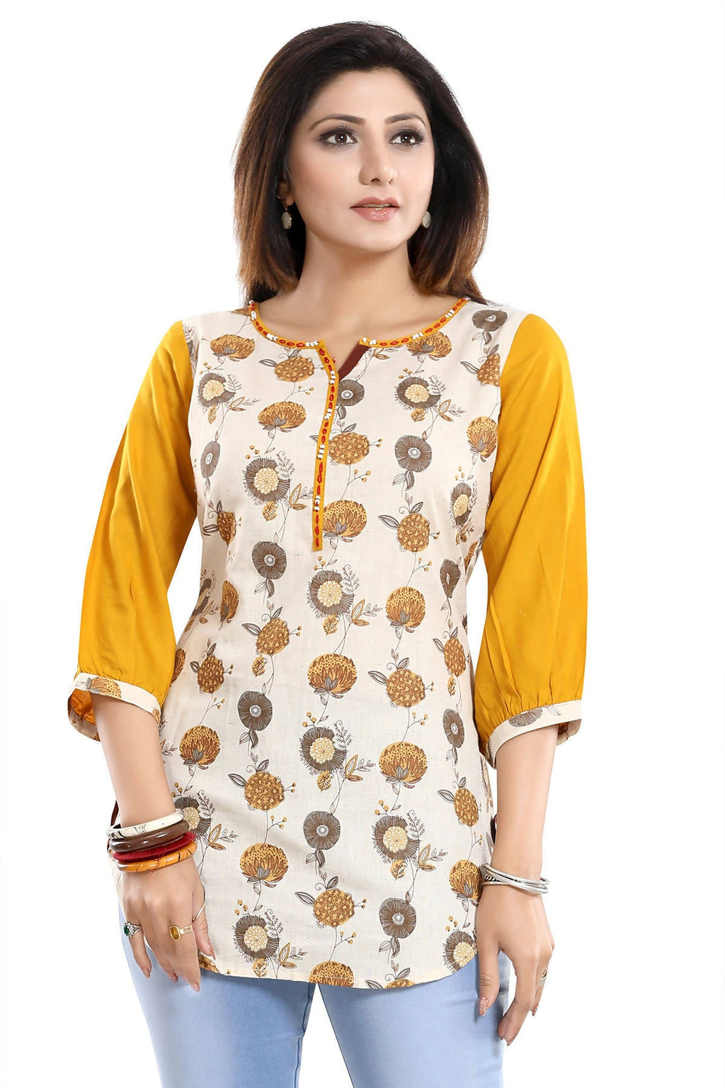 Snehal Creations Cream Cotton Printed Apple-Cut Short Tunic | Grocsy