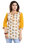 Snehal Creations Cream Cotton Printed Apple-Cut Short Tunic | Grocsy
