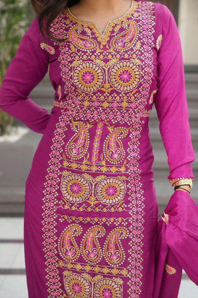 Joban Fashion Magenta Kurta Set Silk Sequins , Zari, Coding & Thread Embroidered work | Grocsy