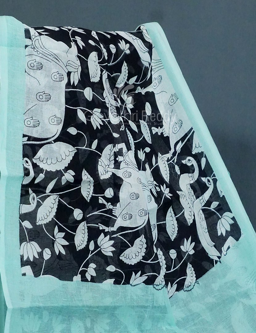 Shades of Black And Mint Green With Pichwai Print Munga Cotton Saree By Gayathri Reddy Designer Studio | Grocsy