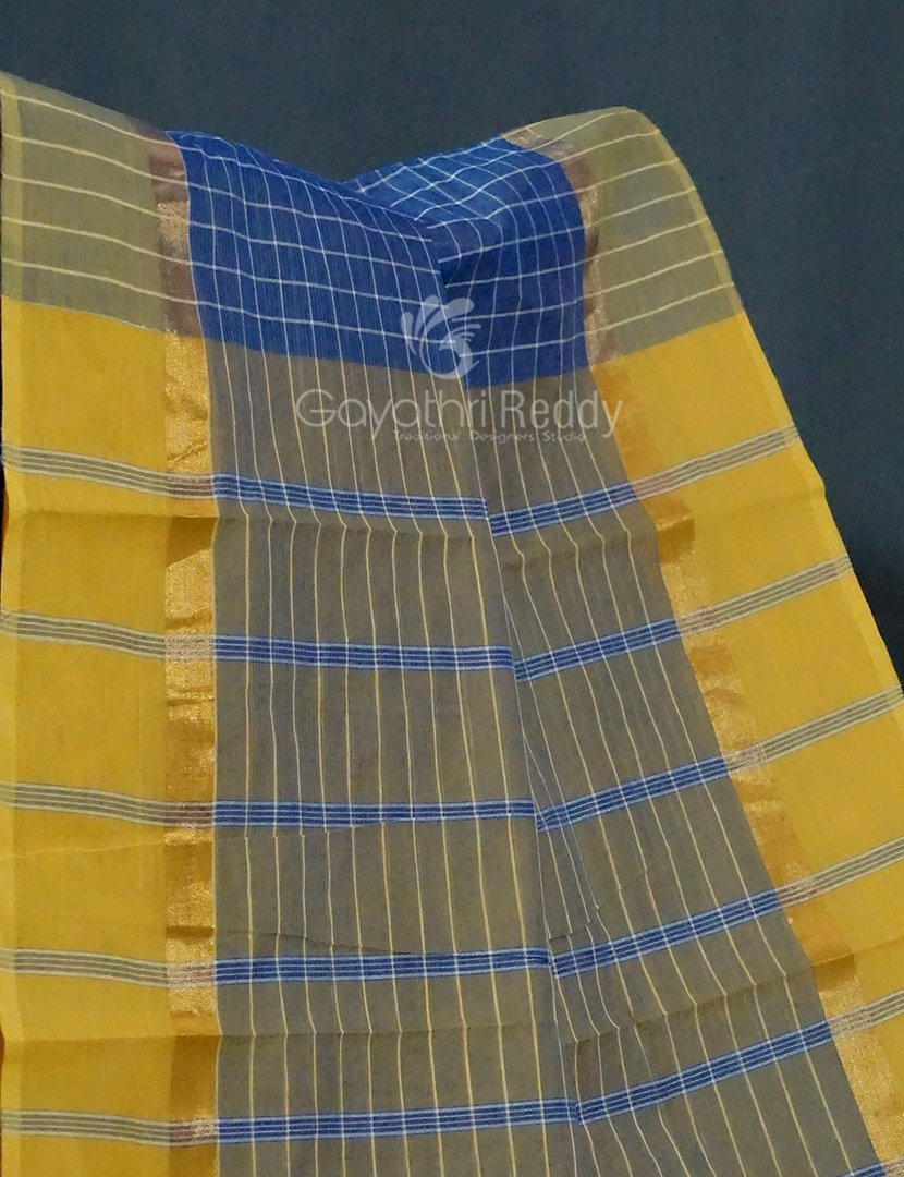 Denim Blue With Checks Pure Mangalgiri Cotton Saree By Gayathri Reddy Designer Studio | Grocsy