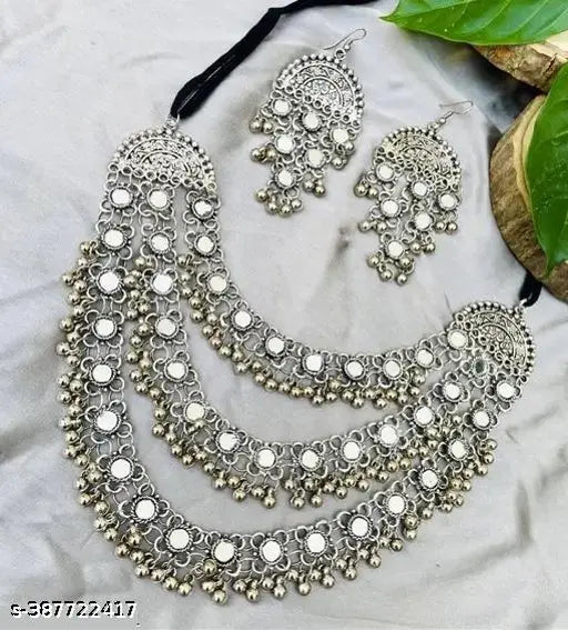 Tehzeeb Creations Women's Silver Colour Oxidised Necklace Set With Mirror Design | Grocsy
