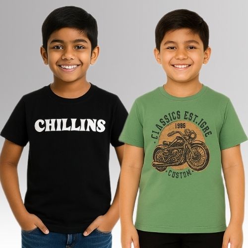 Chilins Round Black, Olive Neck Printed Cotton Tshirt(Pack of 2) | Grocsy