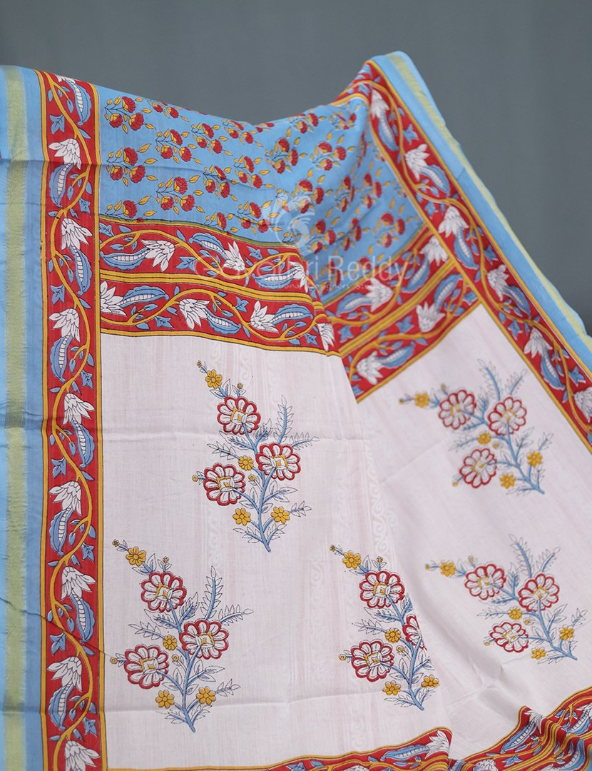 Shades of Blue Combination Printed Cotton Saree By Gayathri Reddy Designer Studio | Grocsy
