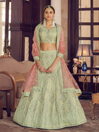 Myra Pista Green Crepe Embroidered Lehenga | Grocsy