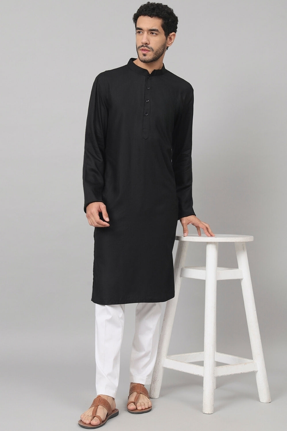 Giza Cotton Black Plain Kurta by Hilo Design | Grocsy