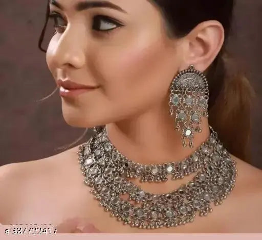 Tehzeeb Creations Women's Silver Colour Oxidised Necklace Set With Mirror Design | Grocsy