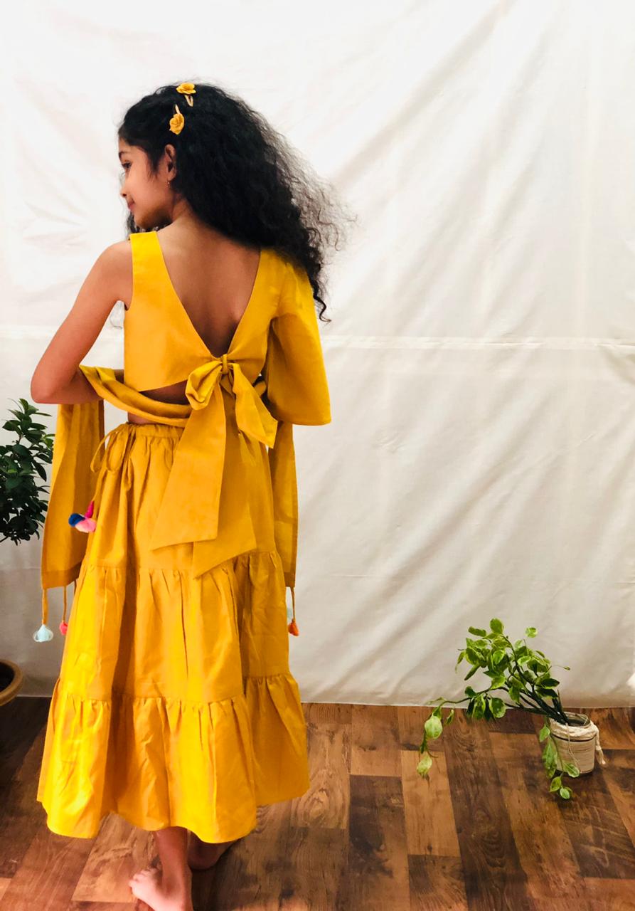 ArthLife Owl Embroidery Mustard Yellow Ghagara Dress | Grocsy