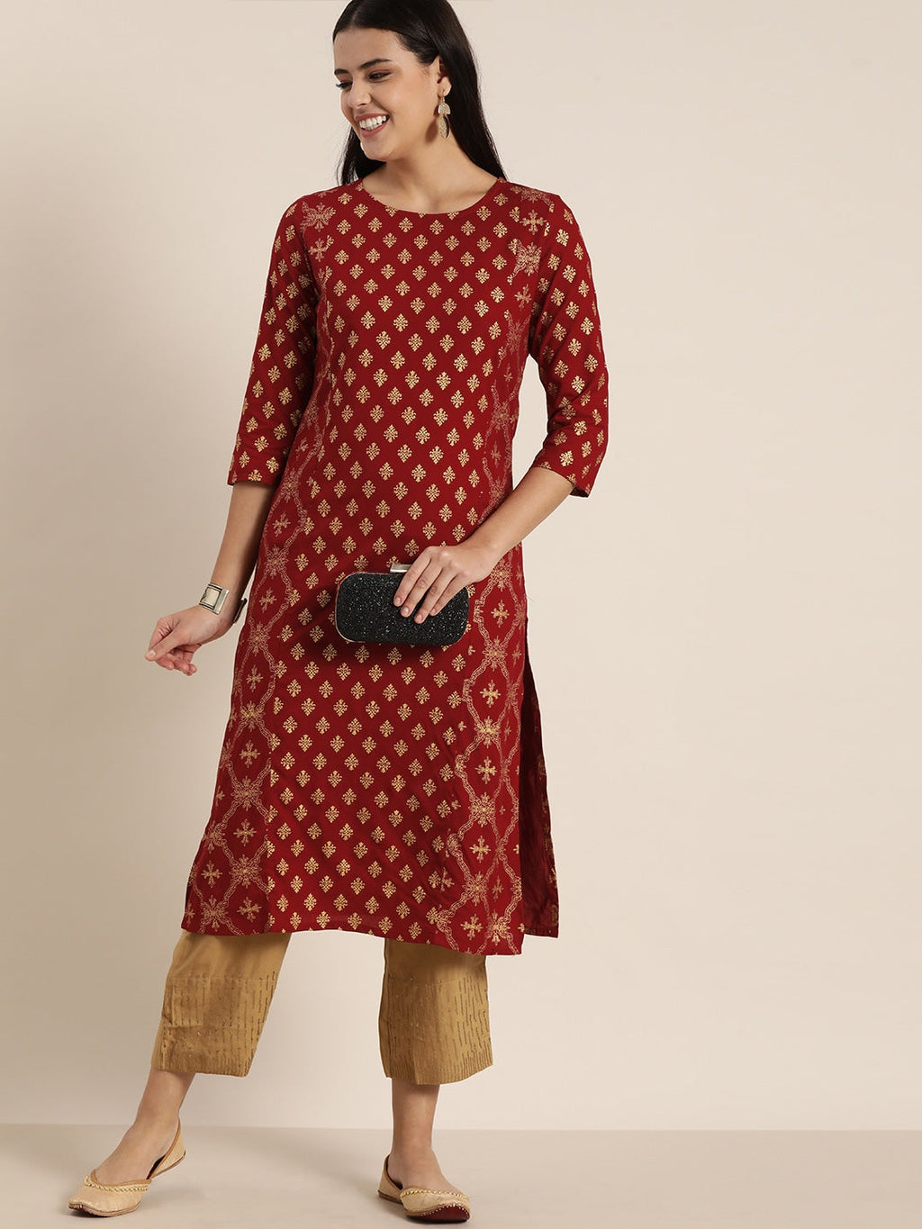 Sangria Women Maroon & Gold-Toned Ethnic Motifs Printed Kurta | Grocsy