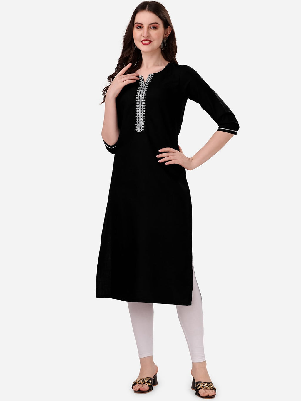 HERE&NOW Notch Neck Thread Work Straight Kurta | Grocsy
