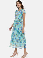 Souchii Sea Green & Blue Floral Printed A-Line Dress | Grocsy