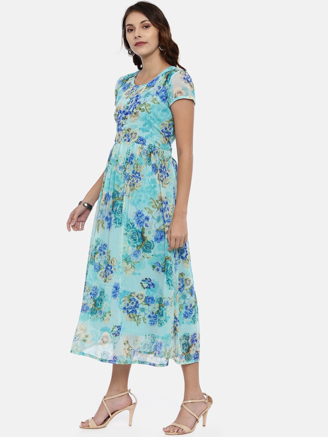 Souchii Sea Green & Blue Floral Printed A-Line Dress | Grocsy