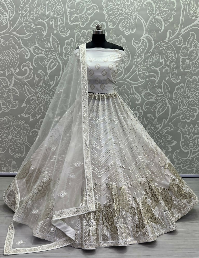 Jyoti Fashion Women's White Bridal Net Fancy Foil & Sequins with Multi Thread Embroidered Wedding Lehenga Choli | Grocsy
