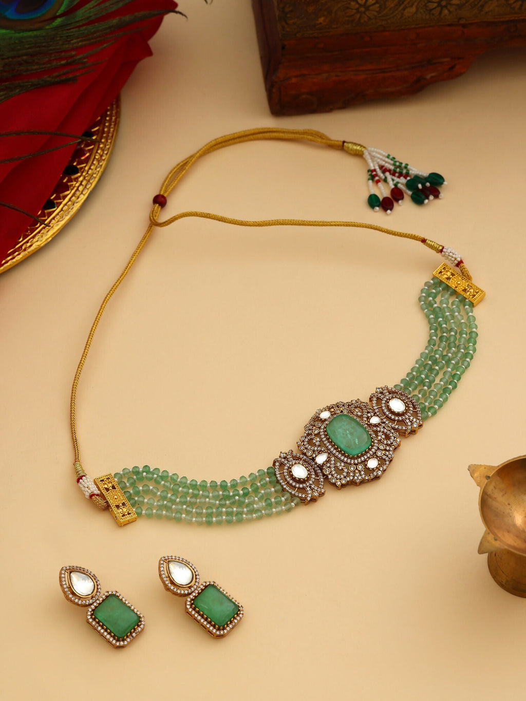 Ruby Raang 22k Gold Polished Green Stone And Moissanite Necklace With Matching Earrings | Grocsy