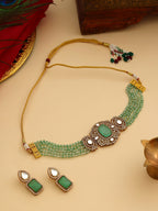 Ruby Raang 22k Gold Polished Green Stone And Moissanite Necklace With Matching Earrings | Grocsy