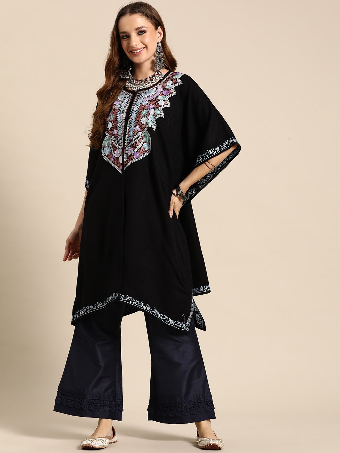 Sangria Women Floral Yoke Design Flared Sleeves Jacquard Kaftan Kurta | Grocsy