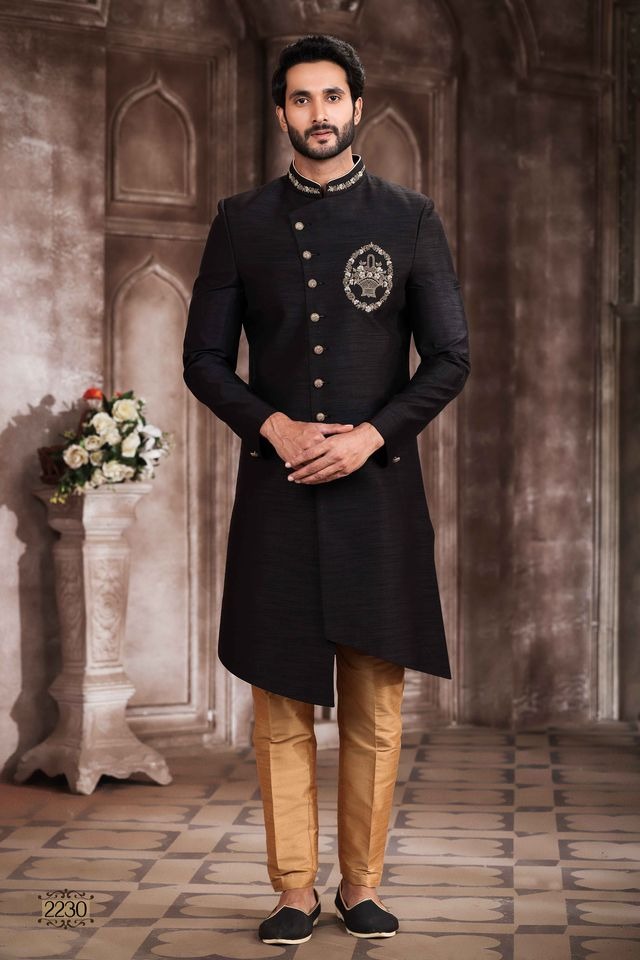 Raivat Ethnic Art Silk Embroidery Work Sherwani In Black Colour | Grocsy