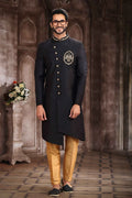 Raivat Ethnic Art Silk Embroidery Work Sherwani In Black Colour | Grocsy