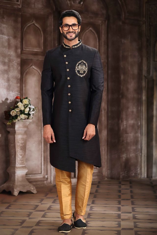 Raivat Ethnic Art Silk Embroidery Work Sherwani In Black Colour | Grocsy