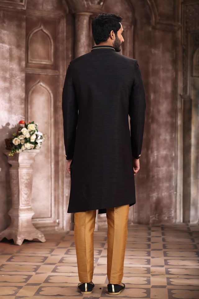 Raivat Ethnic Art Silk Embroidery Work Sherwani In Black Colour | Grocsy