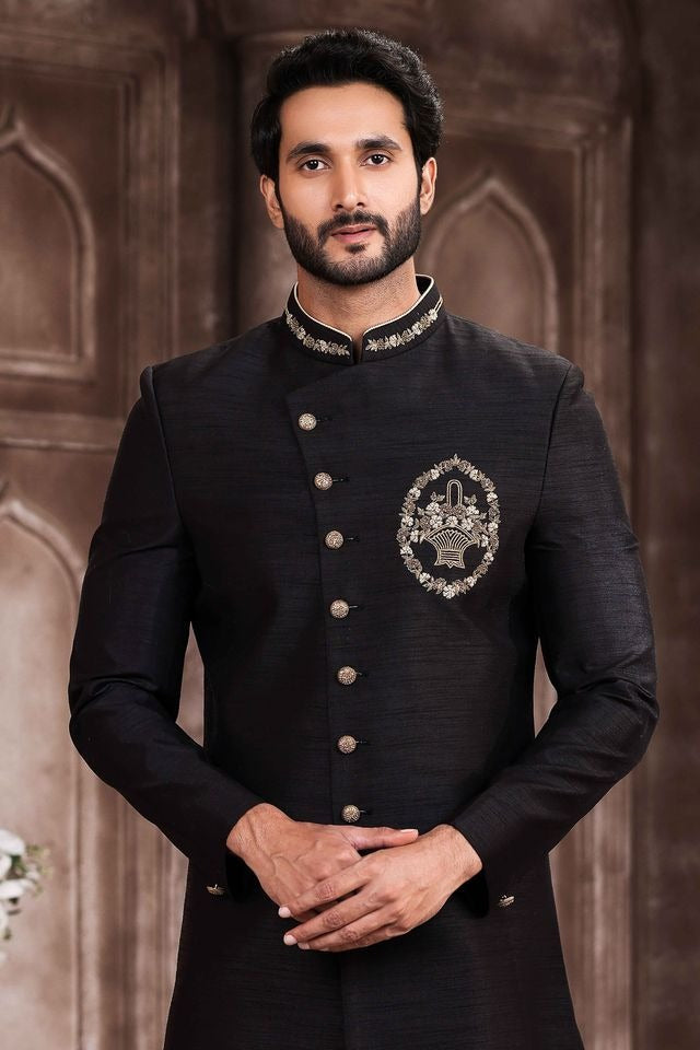 Raivat Ethnic Art Silk Embroidery Work Sherwani In Black Colour | Grocsy