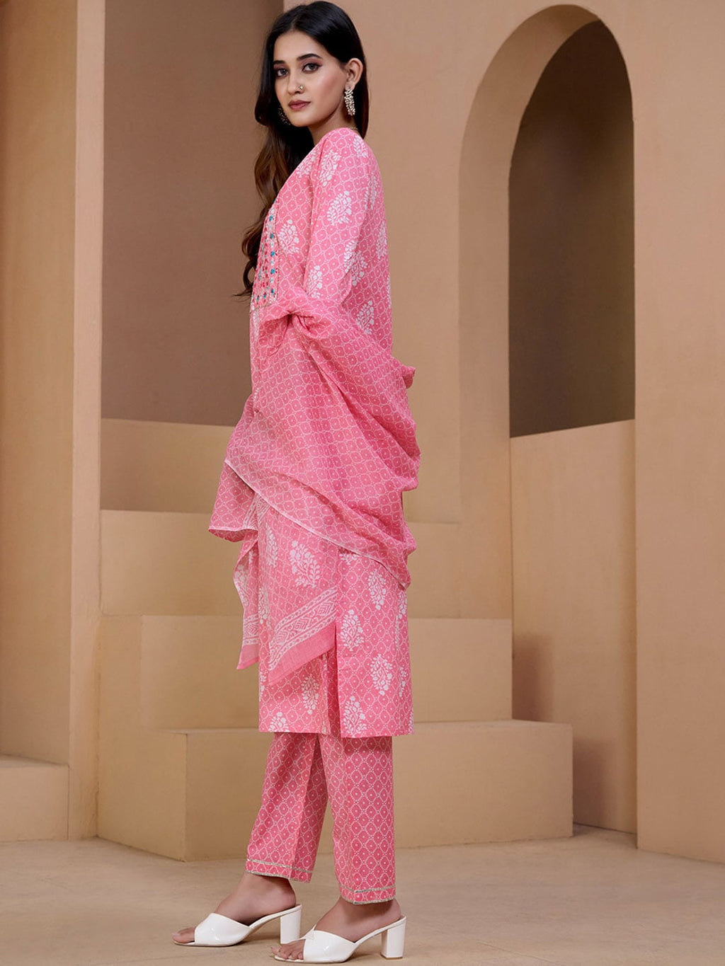 Sangria Pink & White Ethnic Motifs Printed Pure Cotton Kurta With Trousers & Dupatta | Grocsy