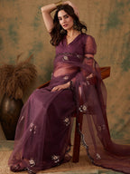 Sangria Purple Floral Embroidered Beads and Stones Embellished Net Saree | Grocsy